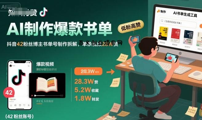 AI制作爆款书单，抖音42粉丝博主书单号制作拆解，单条视频28W赞-百义网络创业网-虚拟电商货源