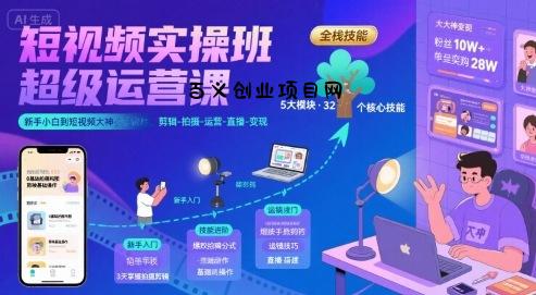 短视频实操班超级运营课，新手小白到短视频大神必修课程，剪辑-拍摄-运营-直播-变现-百义网络创业网-虚拟电商货源