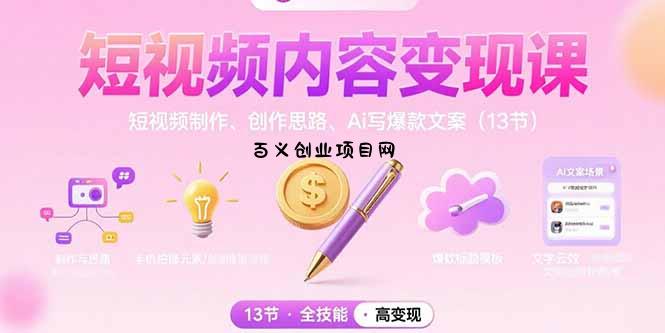 短视频内容变现课：短视频制作、创作思路、Ai写爆款文案(13节-百义网络创业网-虚拟电商货源