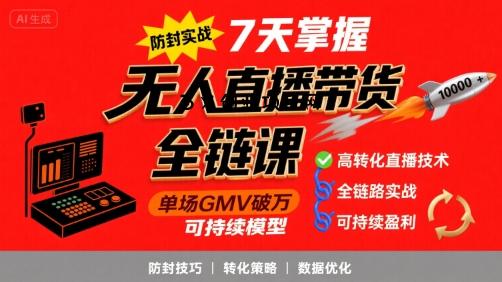 无人直播带货全链防封实战课，7天掌握高转化直播技术，实现单场GMV破万可持续模型-百义网络创业网-虚拟电商货源