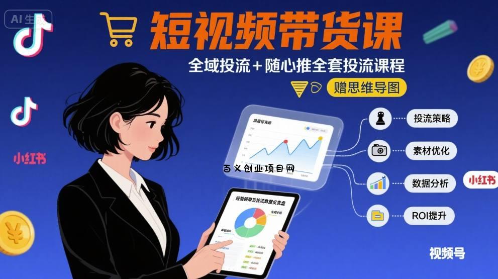 最新短视频带货课，全域投流+随心推全套投流课程+思维导图-百义网络创业网-虚拟电商货源